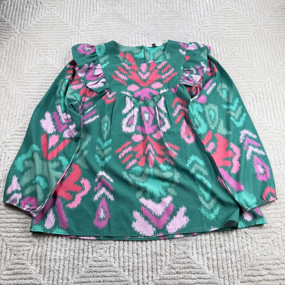 Michelle McDowell Ruffle Ikat Blouse Women's Large Green Pink Boho Eclectic Art